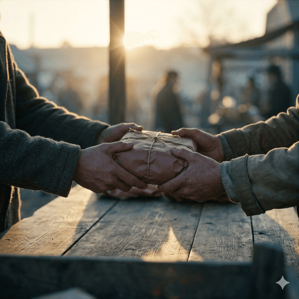Two hands passing a wrapped parcel of meat across a wooden surface, golden hour light.